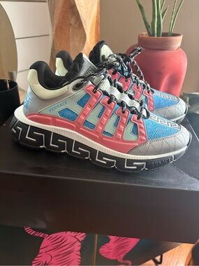 Versace Blue Pink Gray Panelled Lace-Up Sneakers